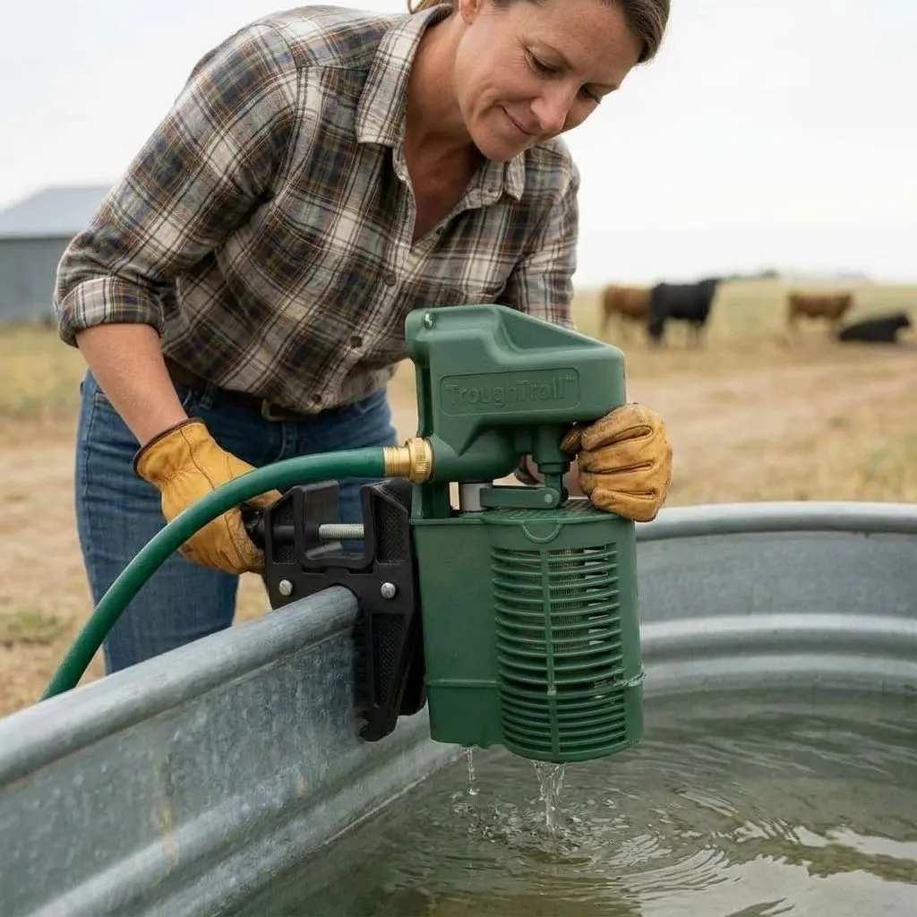 A rancher securing the Algae Wrangler clamp to a stock tank rim
