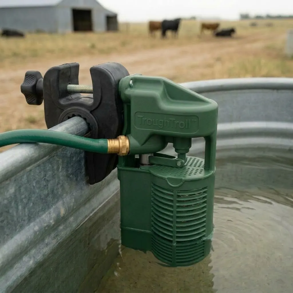 Algae Wrangler valve mounted on the rim of a galvanized stock tank